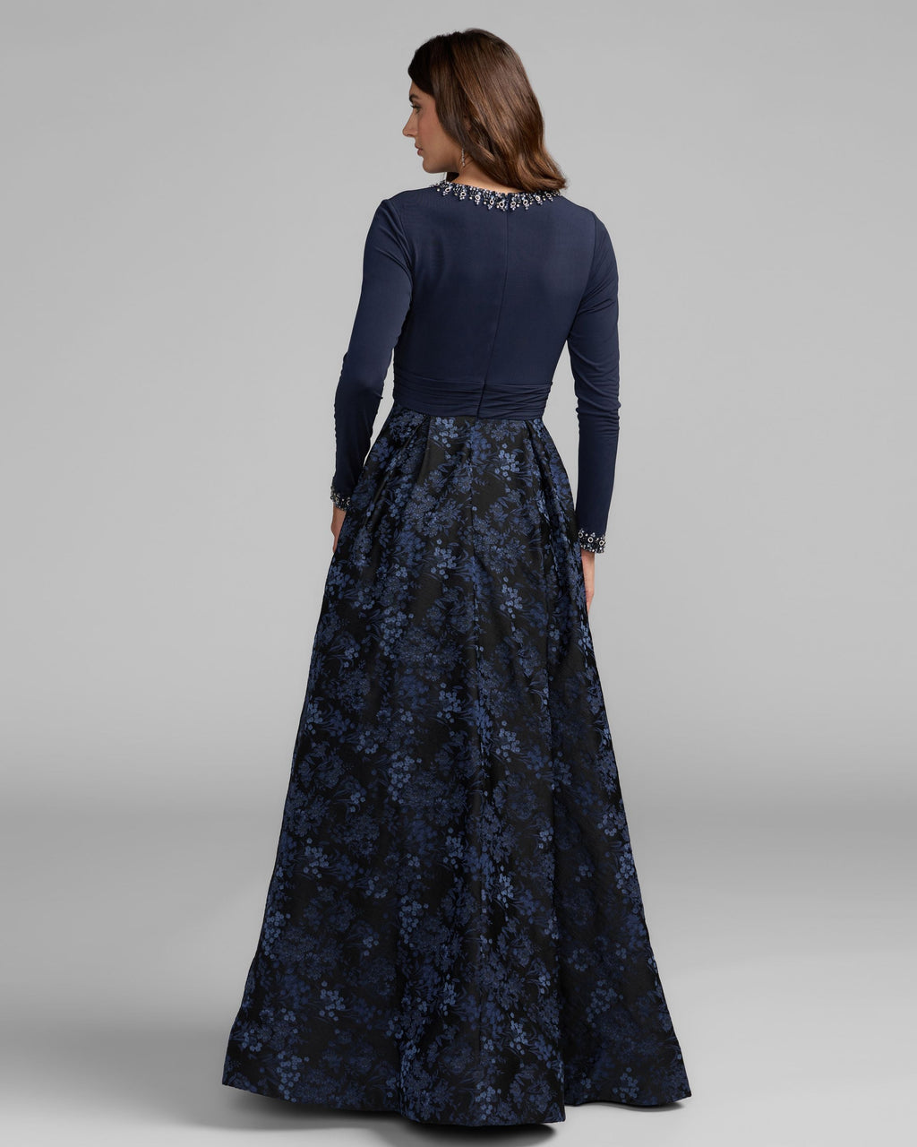 Navy Floral Brocade A-Line Gown With Pockets Designer Collection