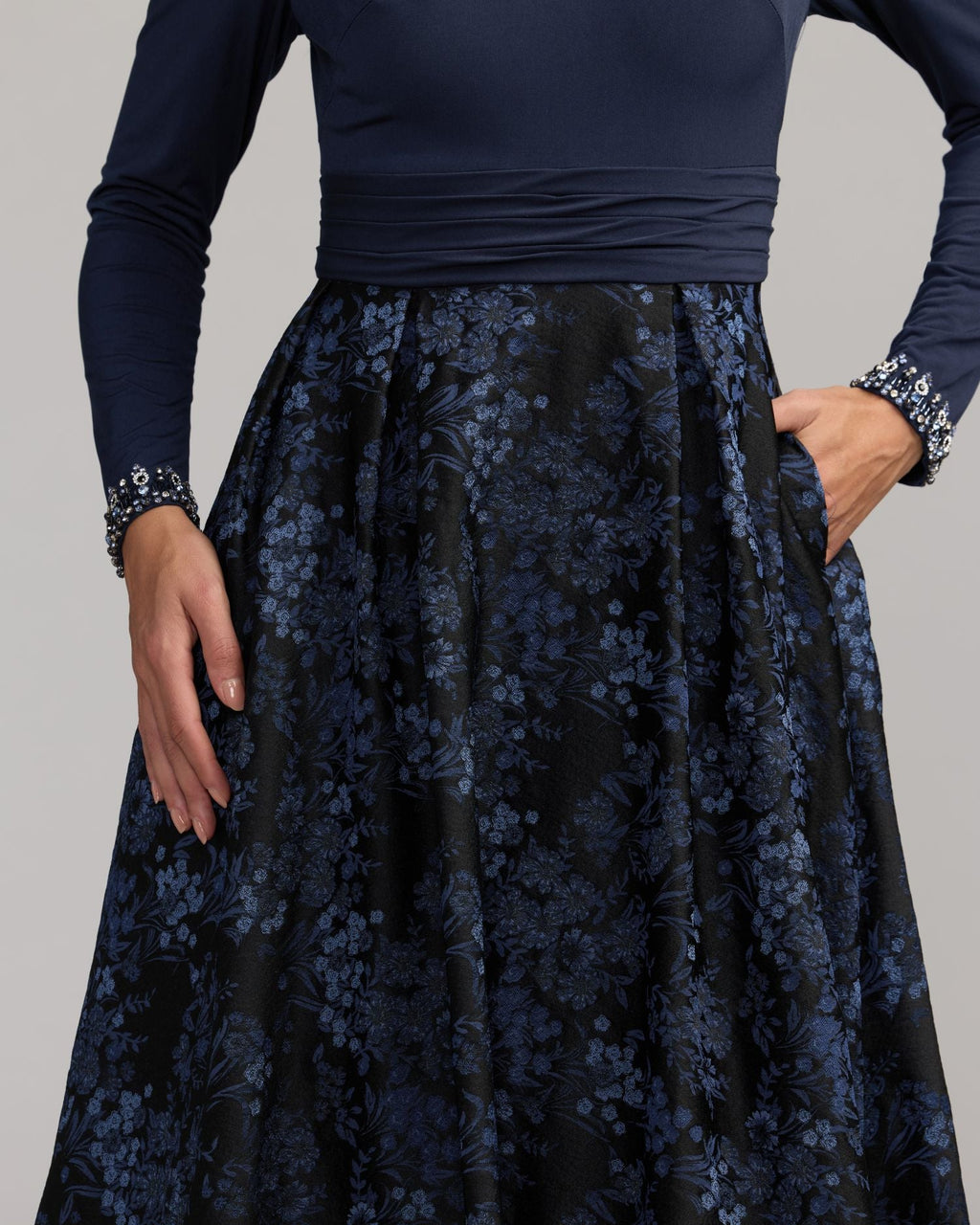 Navy Floral Brocade A-Line Gown With Pockets Designer Collection