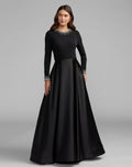 Black Jersey and Satin Long Sleeve A-Line Gown - Contemporary Collection