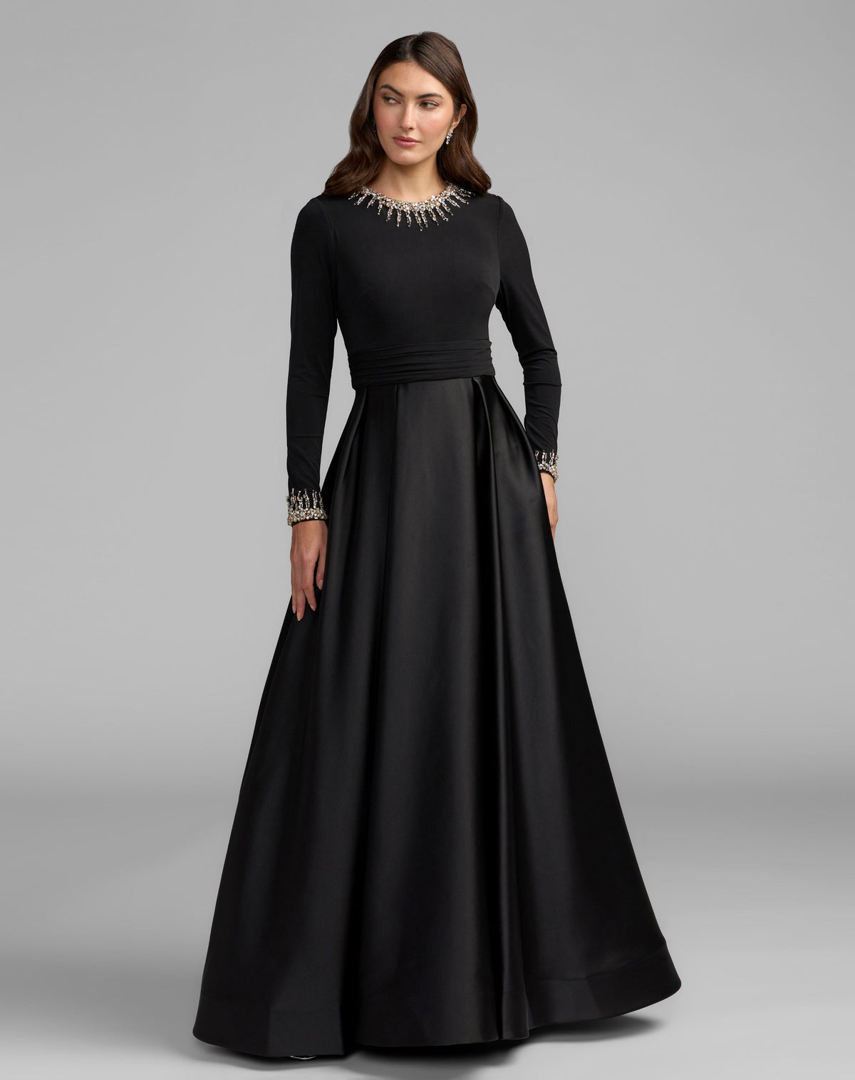 Black Jersey and Satin Long Sleeve A-Line Gown - Contemporary Collection