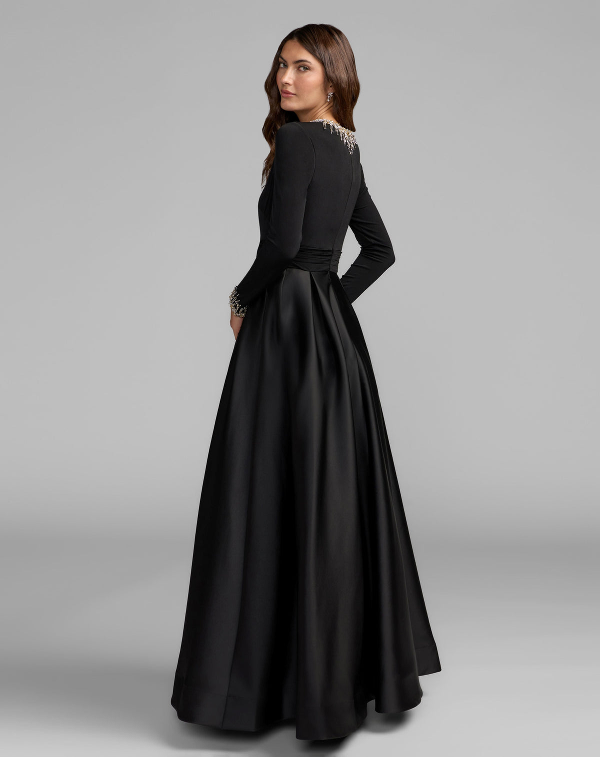 Black Jersey and Satin Long Sleeve A-Line Gown - Contemporary Collection