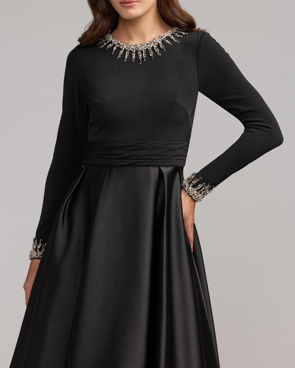 Black Jersey and Satin Long Sleeve A-Line Gown - Contemporary Collection