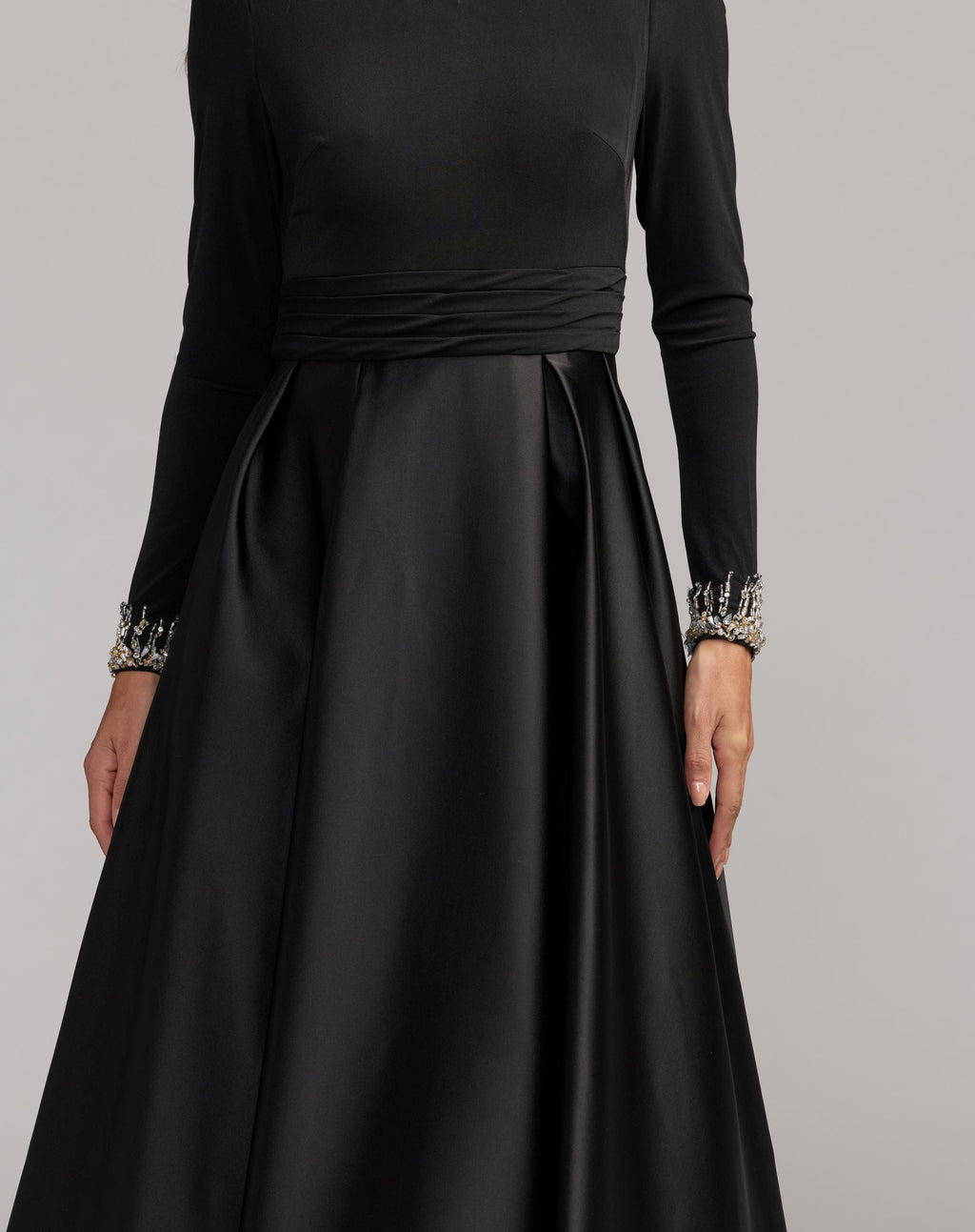 Black Jersey and Satin Long Sleeve A-Line Gown - Contemporary Collection