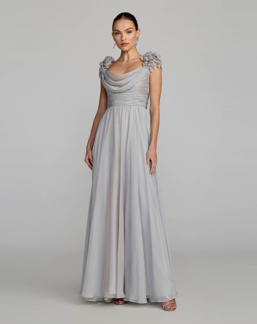 Gray Chiffon Cowl Neck Embellished Cap Sleeve Gown - Designer Collection
