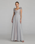 Gray Chiffon Cowl Neck Embellished Cap Sleeve Gown - Designer Collection