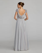 Gray Chiffon Cowl Neck Embellished Cap Sleeve Gown - Designer Collection