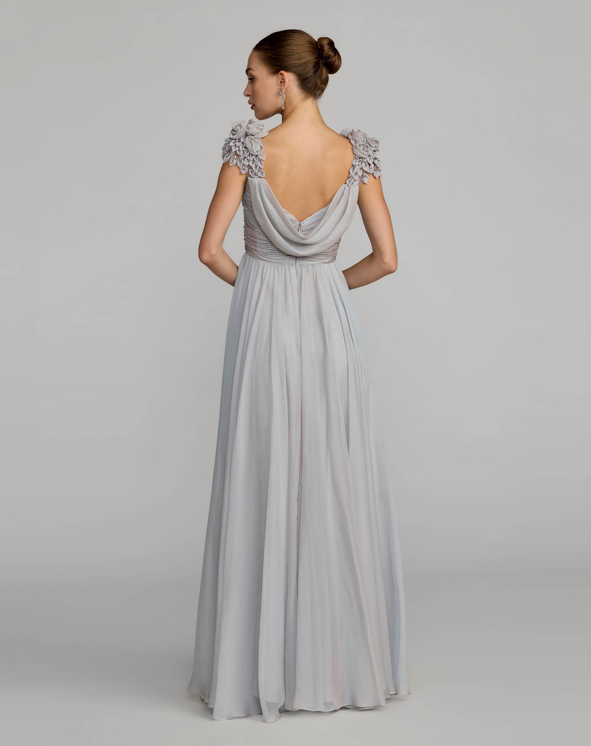 Gray Chiffon Cowl Neck Embellished Cap Sleeve Gown - Designer Collection