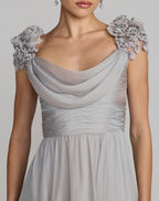 Gray Chiffon Cowl Neck Embellished Cap Sleeve Gown - Designer Collection