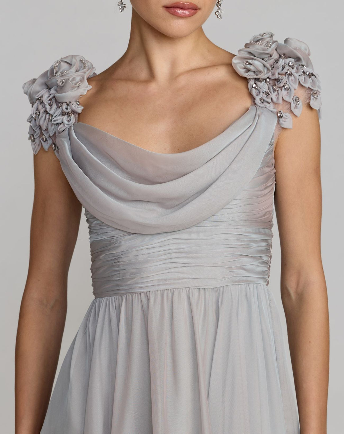 Gray Chiffon Cowl Neck Embellished Cap Sleeve Gown - Designer Collection
