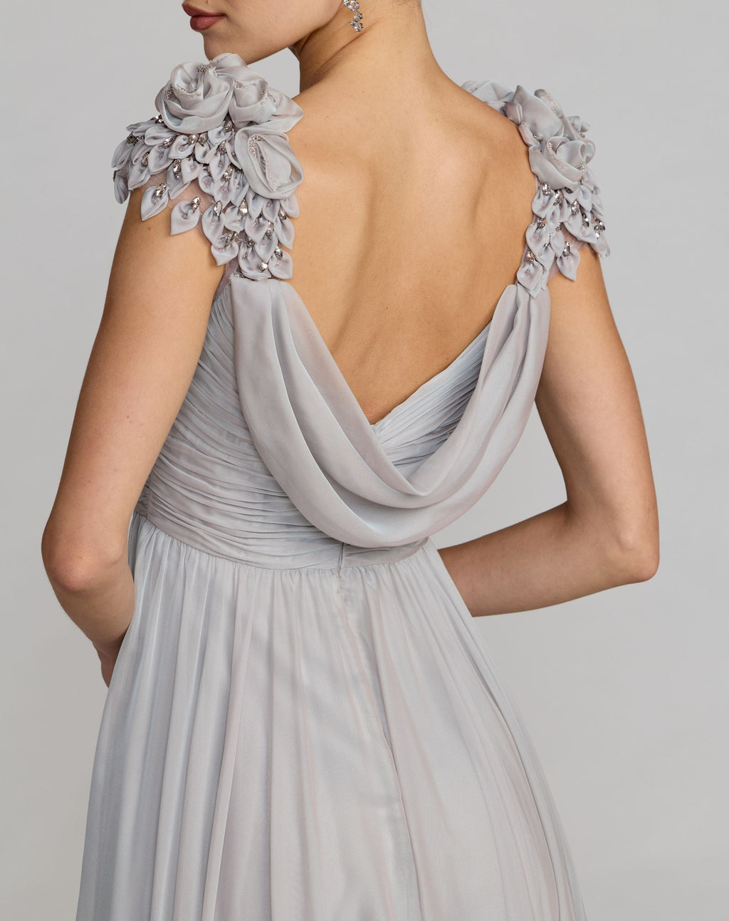 Gray Chiffon Cowl Neck Embellished Cap Sleeve Gown - Designer Collection