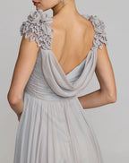 Gray Chiffon Cowl Neck Embellished Cap Sleeve Gown - Designer Collection