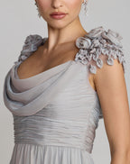 Gray Chiffon Cowl Neck Embellished Cap Sleeve Gown - Designer Collection