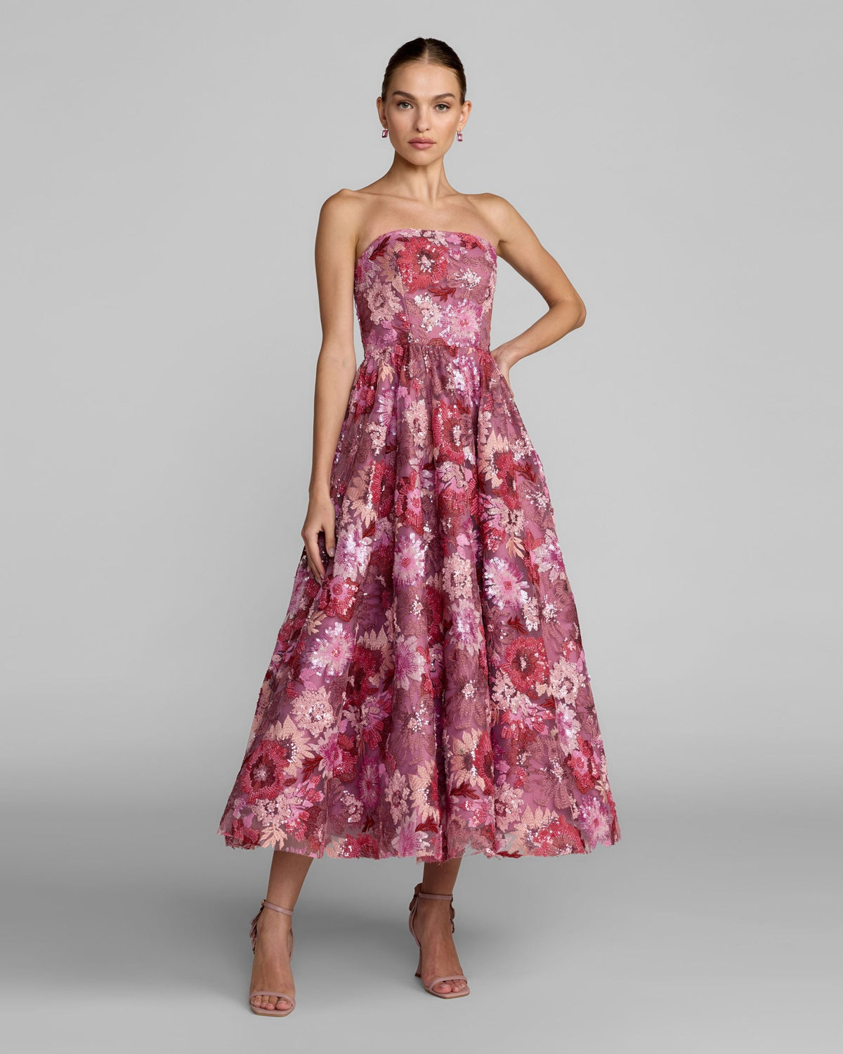 Purple Floral Sequin Strapless Midi Dress Designer Collection