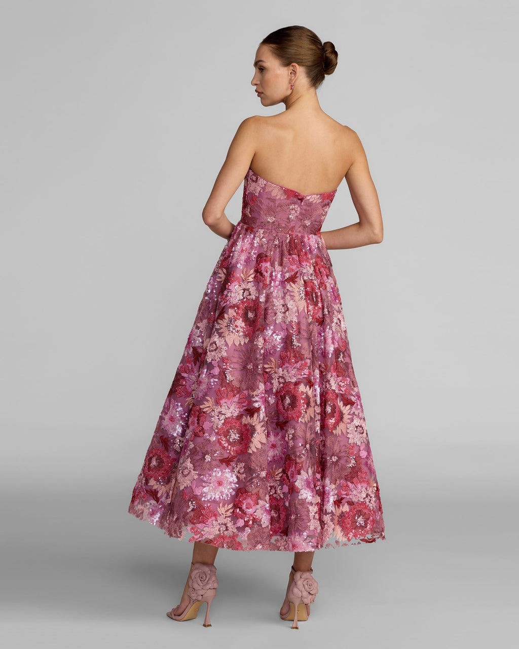 Purple Floral Sequin Strapless Midi Dress Designer Collection