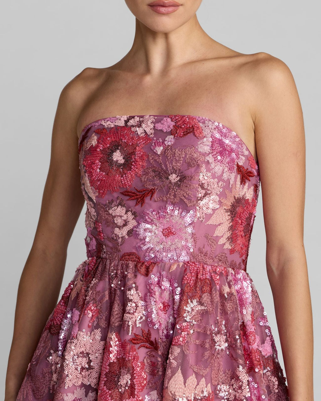 Purple Floral Sequin Strapless Midi Dress Designer Collection