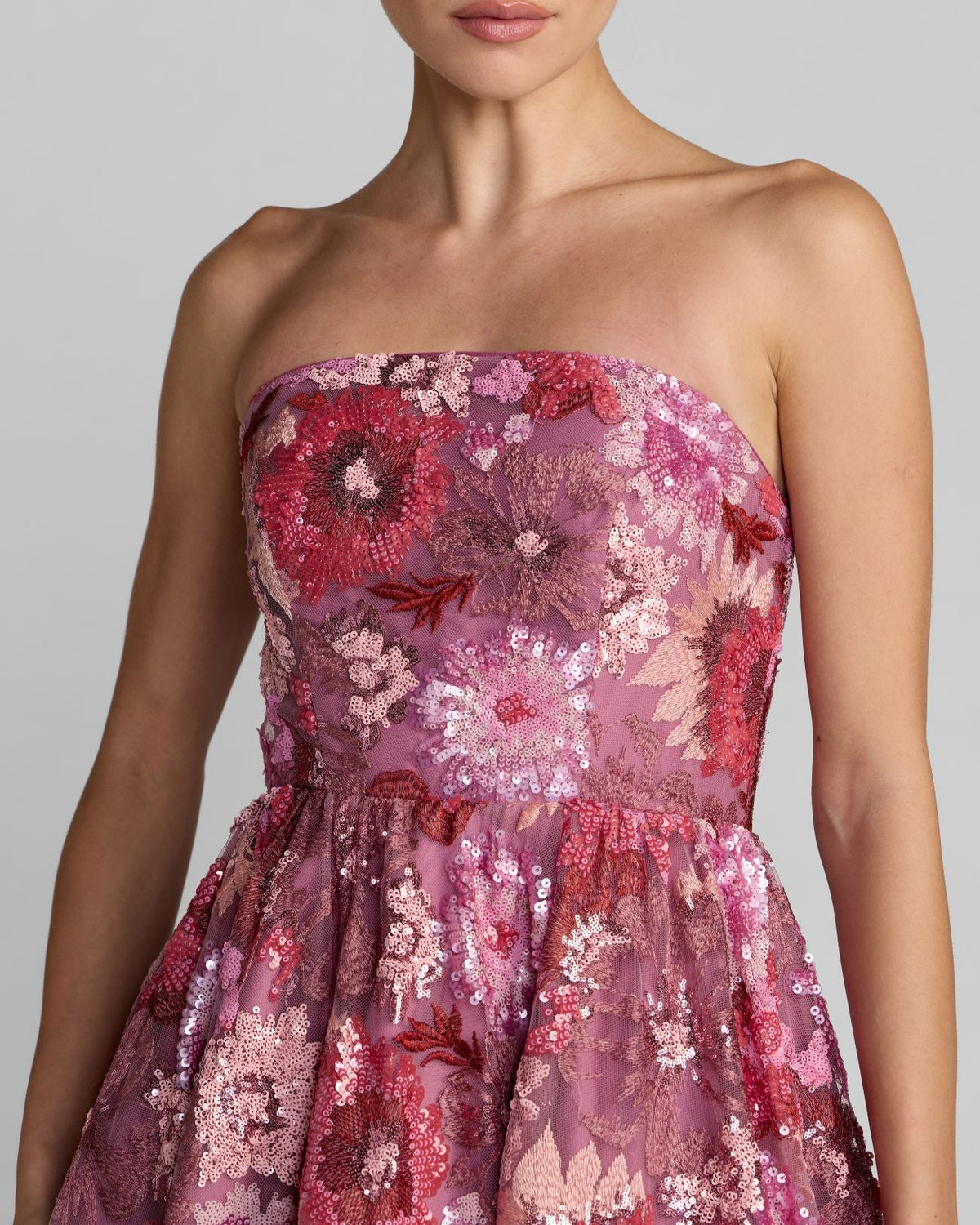 Purple Floral Sequin Strapless Midi Dress Designer Collection