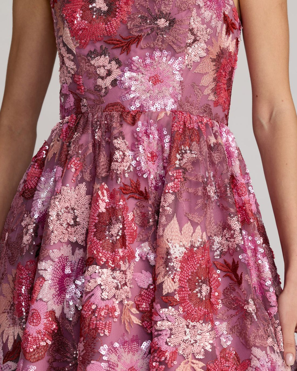 Purple Floral Sequin Strapless Midi Dress Designer Collection