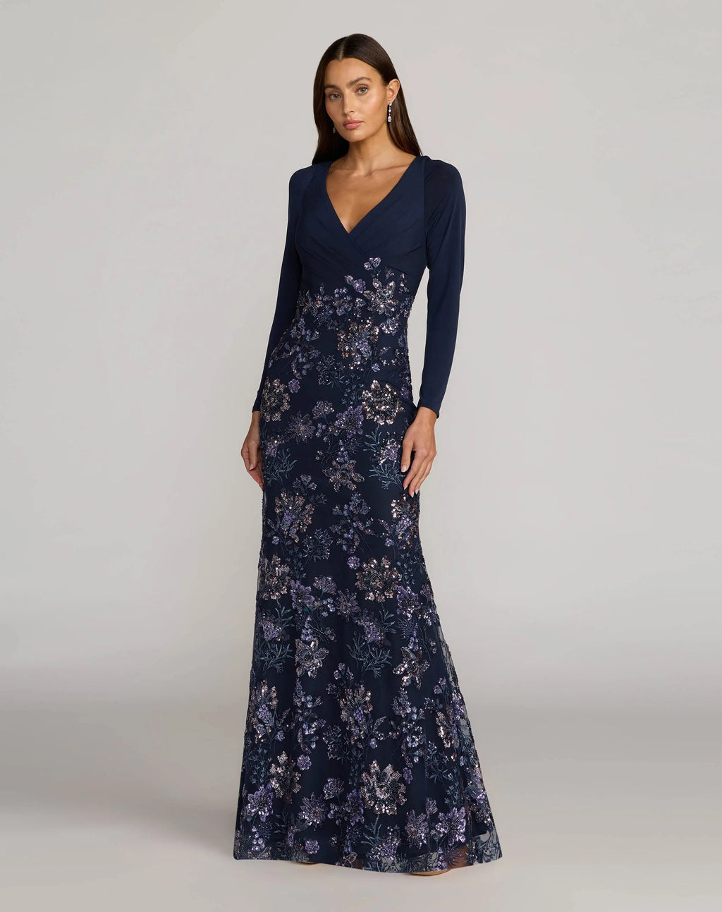 Navy Floral Embroidered Jersey Long Sleeve Gown Designer Collection