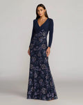 Navy Floral Embroidered Jersey Long Sleeve Gown Designer Collection