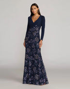 Navy Floral Embroidered Jersey Long Sleeve Gown Designer Collection