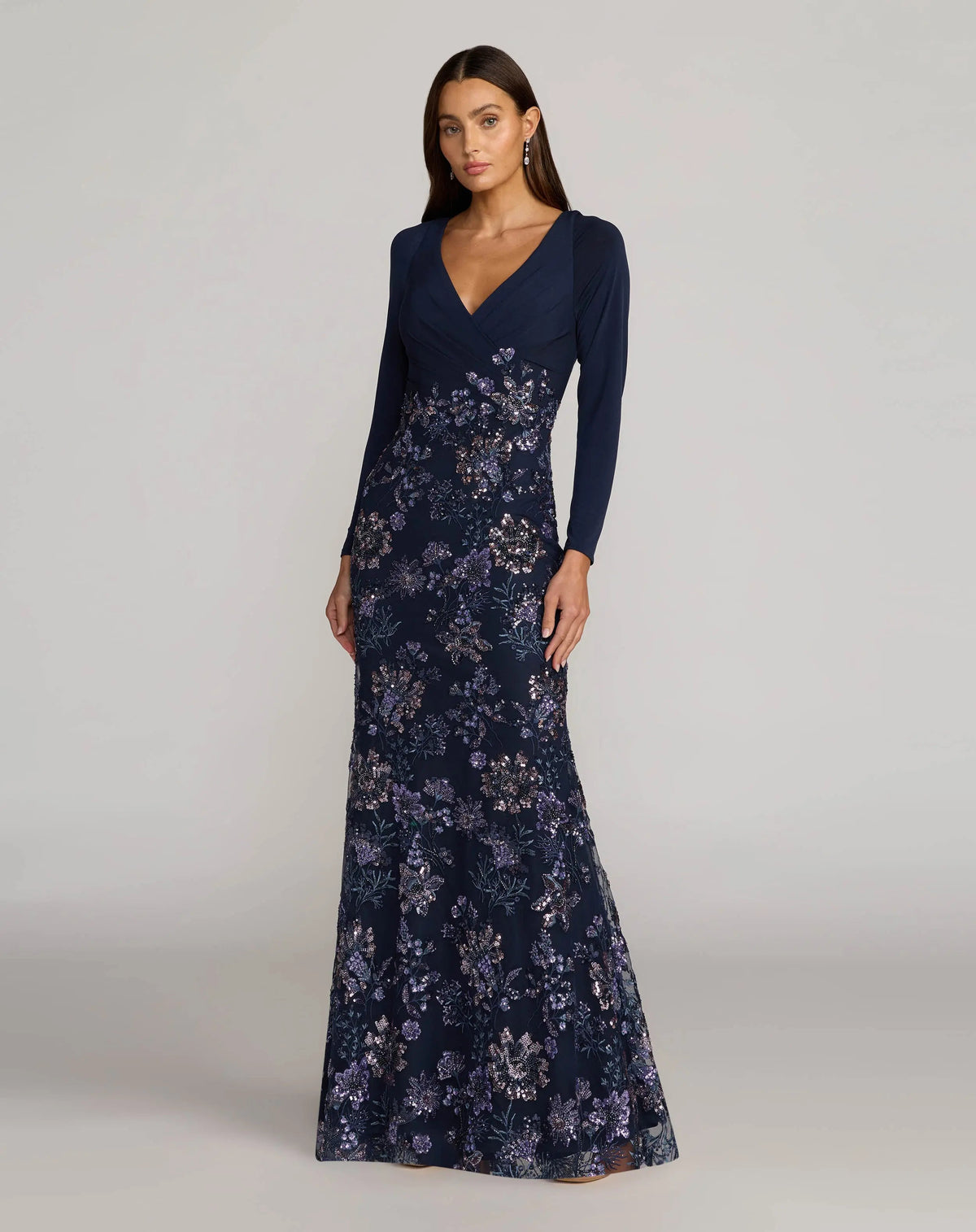 Navy Floral Embroidered Jersey Long Sleeve Gown Designer Collection