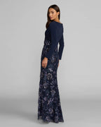 Navy Floral Embroidered Jersey Long Sleeve Gown Designer Collection