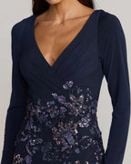 Navy Floral Embroidered Jersey Long Sleeve Gown Designer Collection