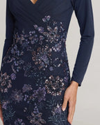 Navy Floral Embroidered Jersey Long Sleeve Gown Designer Collection