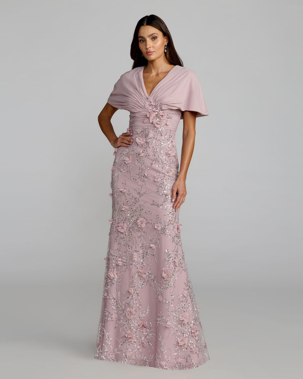 Purple Embellished Draped Cape Sleeve Gown Designer Collection