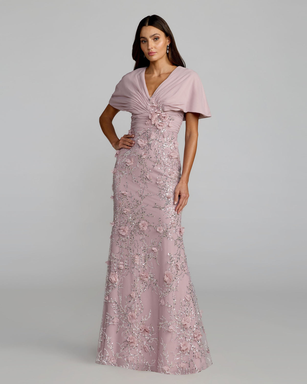 Purple Embellished Draped Cape Sleeve Gown Designer Collection