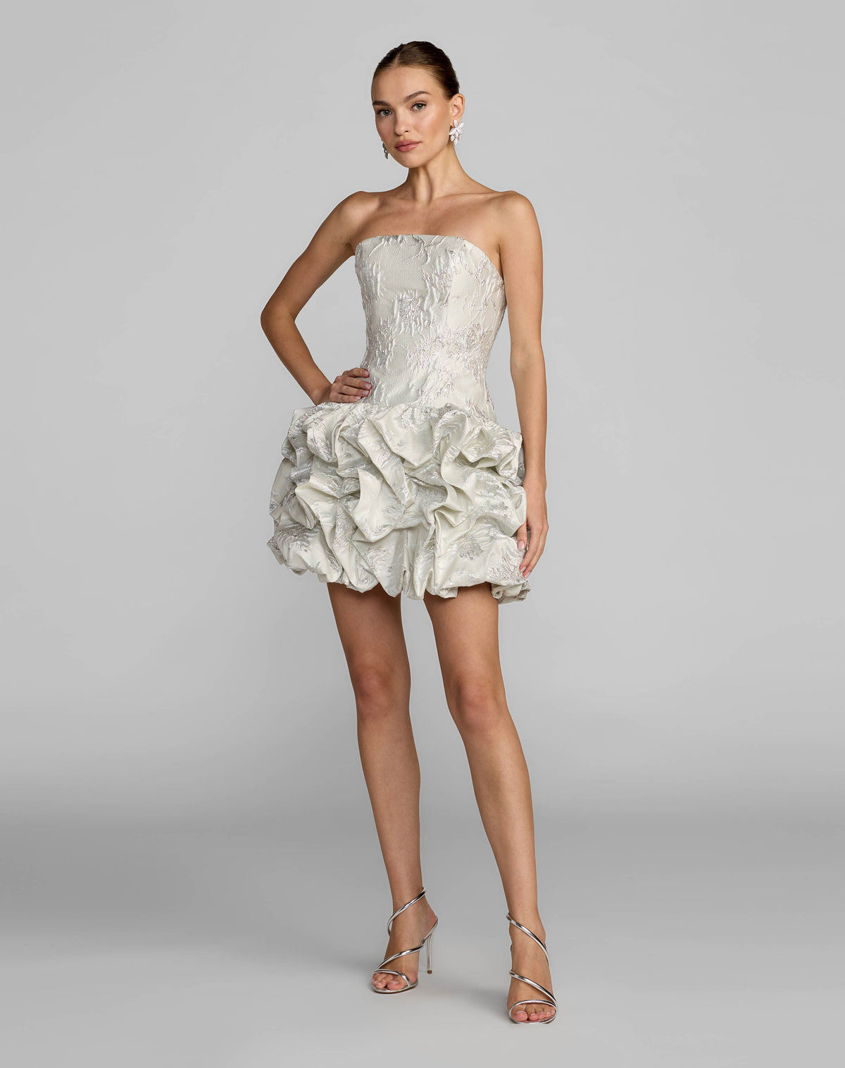 Ivory Strapless Brocade Bubble Hem Mini Dress Designer Collection