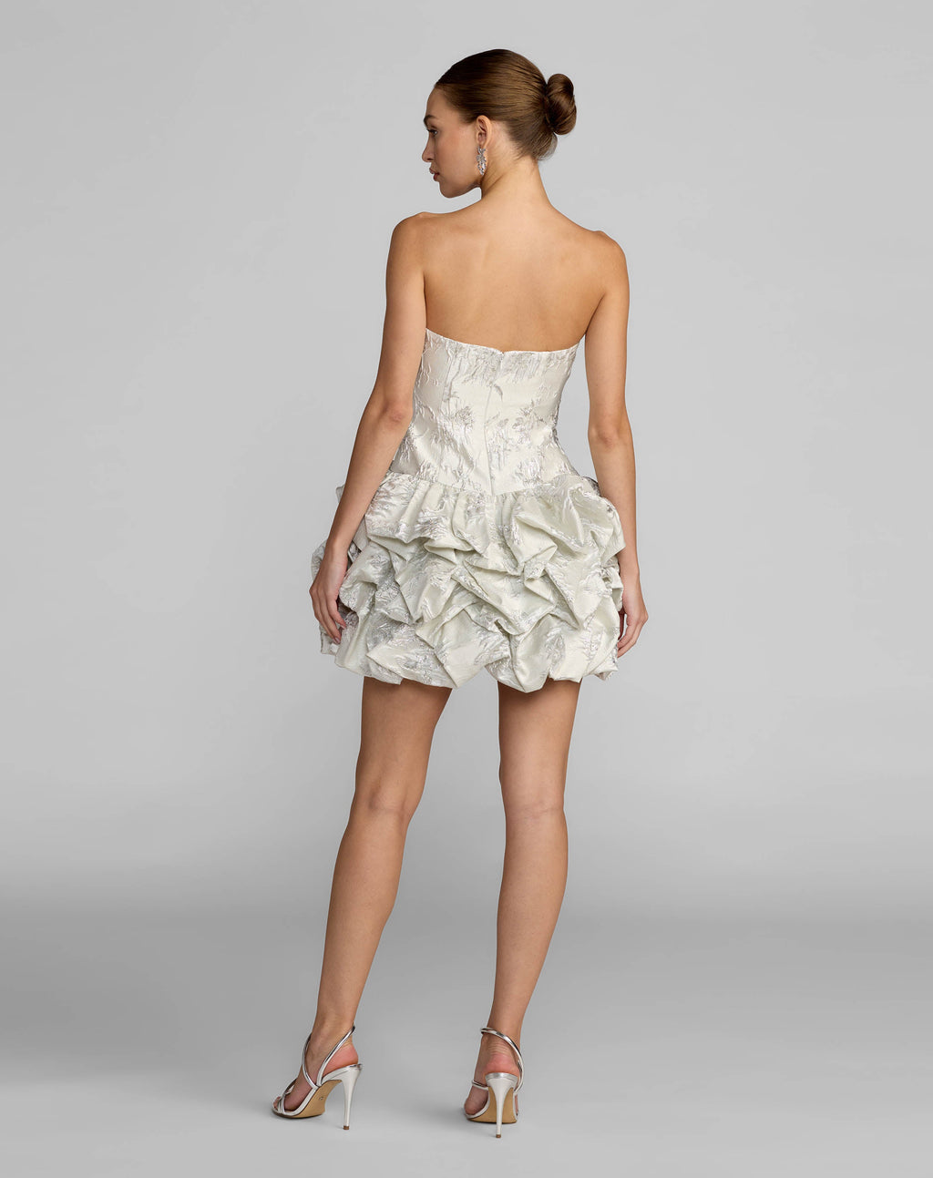 Ivory Strapless Brocade Bubble Hem Mini Dress Designer Collection