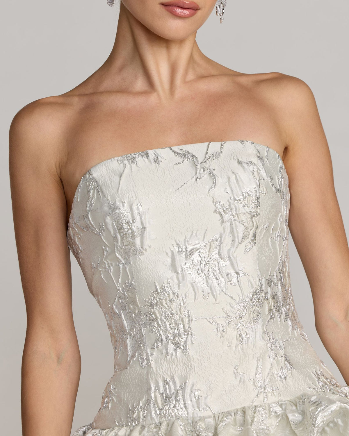 Ivory Strapless Brocade Bubble Hem Mini Dress Designer Collection