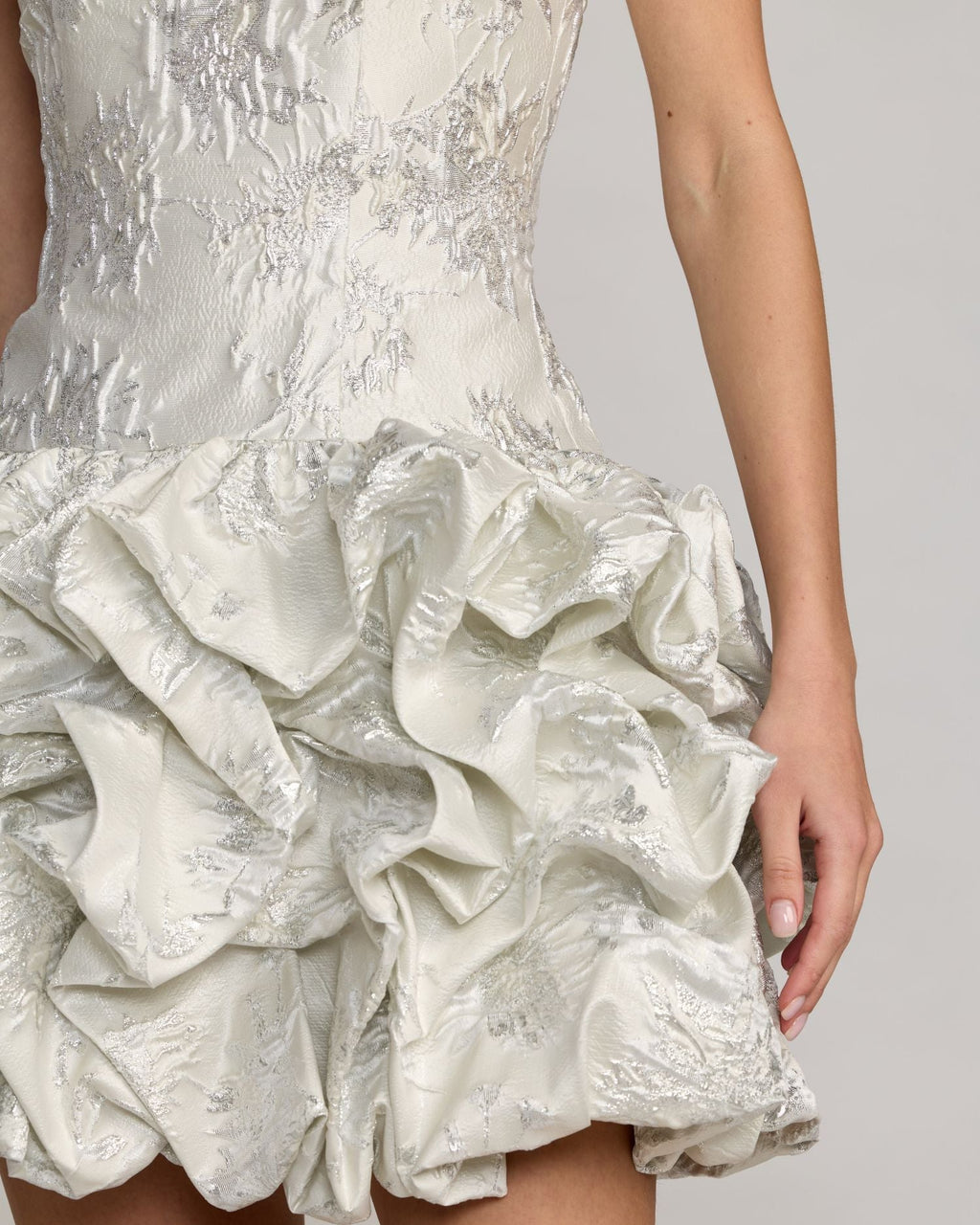 Ivory Strapless Brocade Bubble Hem Mini Dress Designer Collection