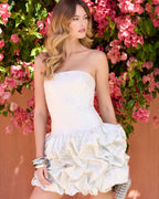 Ivory Strapless Brocade Bubble Hem Mini Dress Designer Collection
