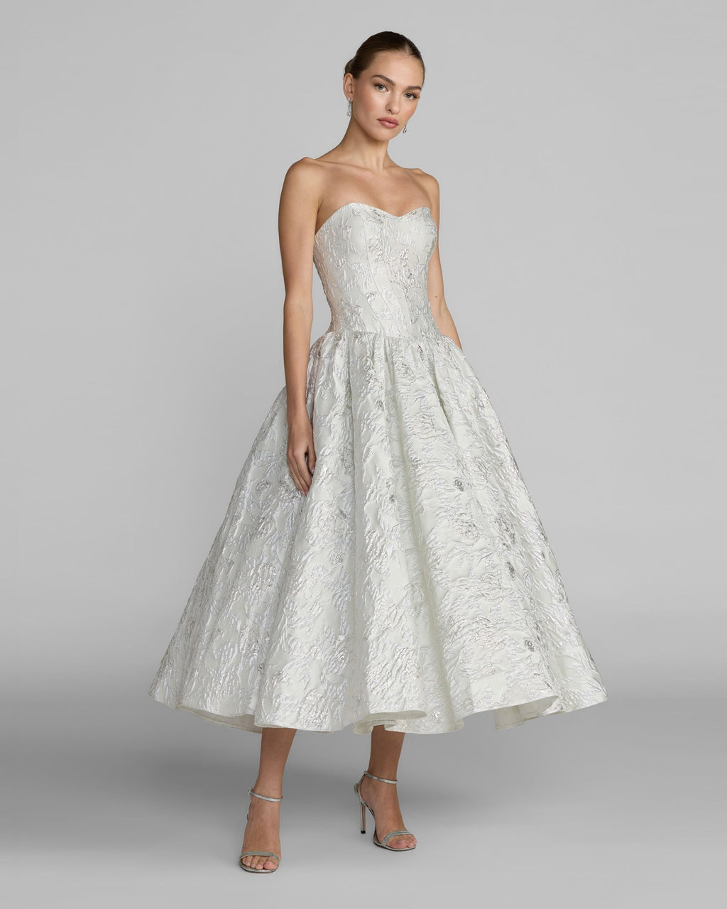 Ivory Strapless Brocade Tea Length Dress Designer Collection