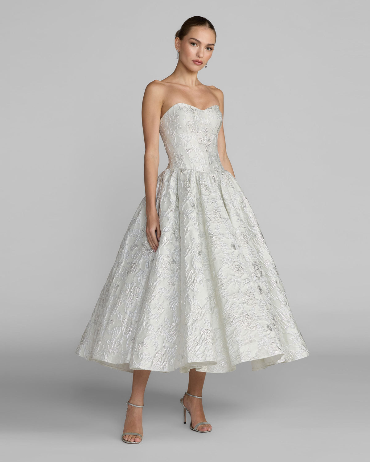 Ivory Strapless Brocade Tea Length Dress Designer Collection