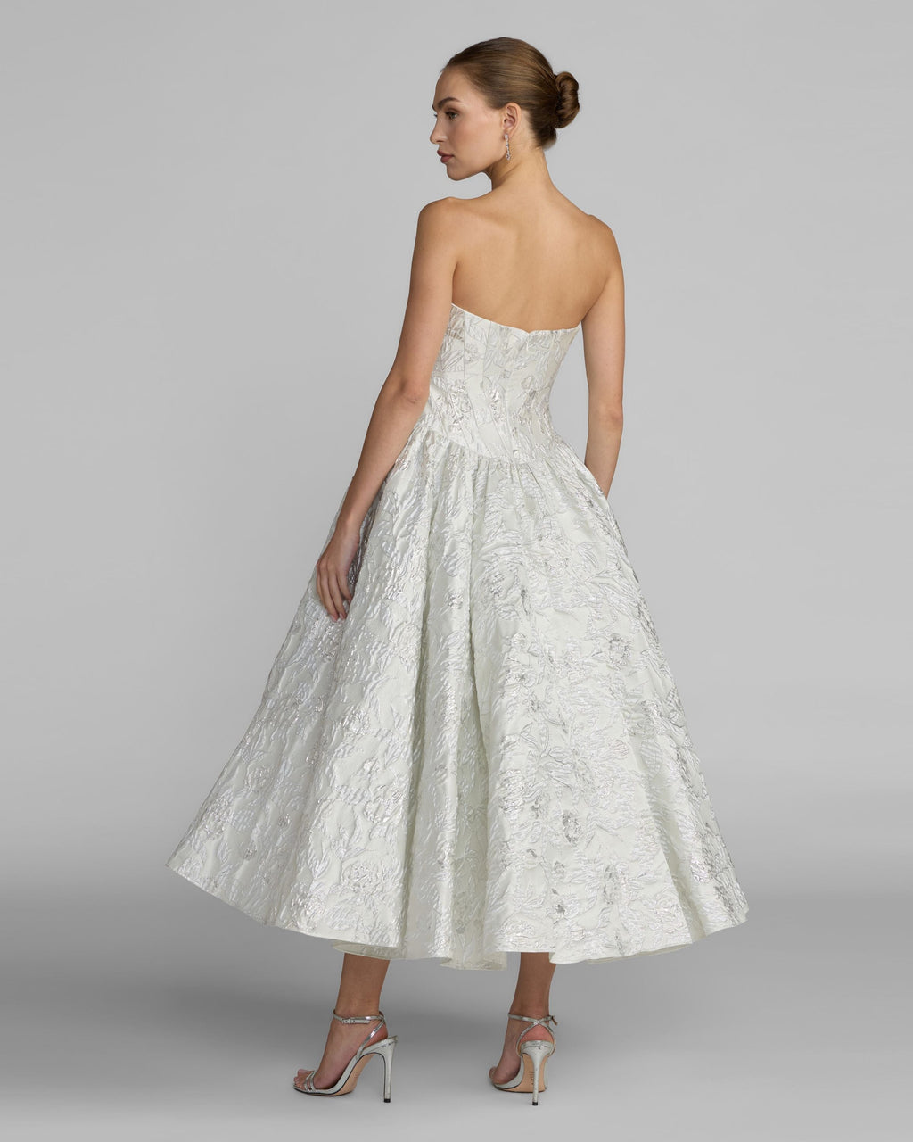 Ivory Strapless Brocade Tea Length Dress Designer Collection