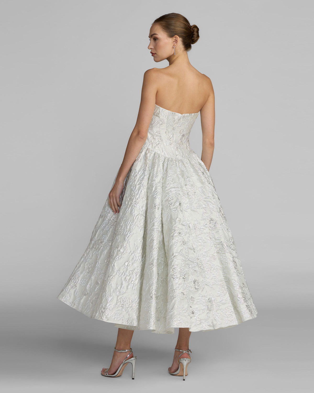 Ivory Strapless Brocade Tea Length Dress Designer Collection