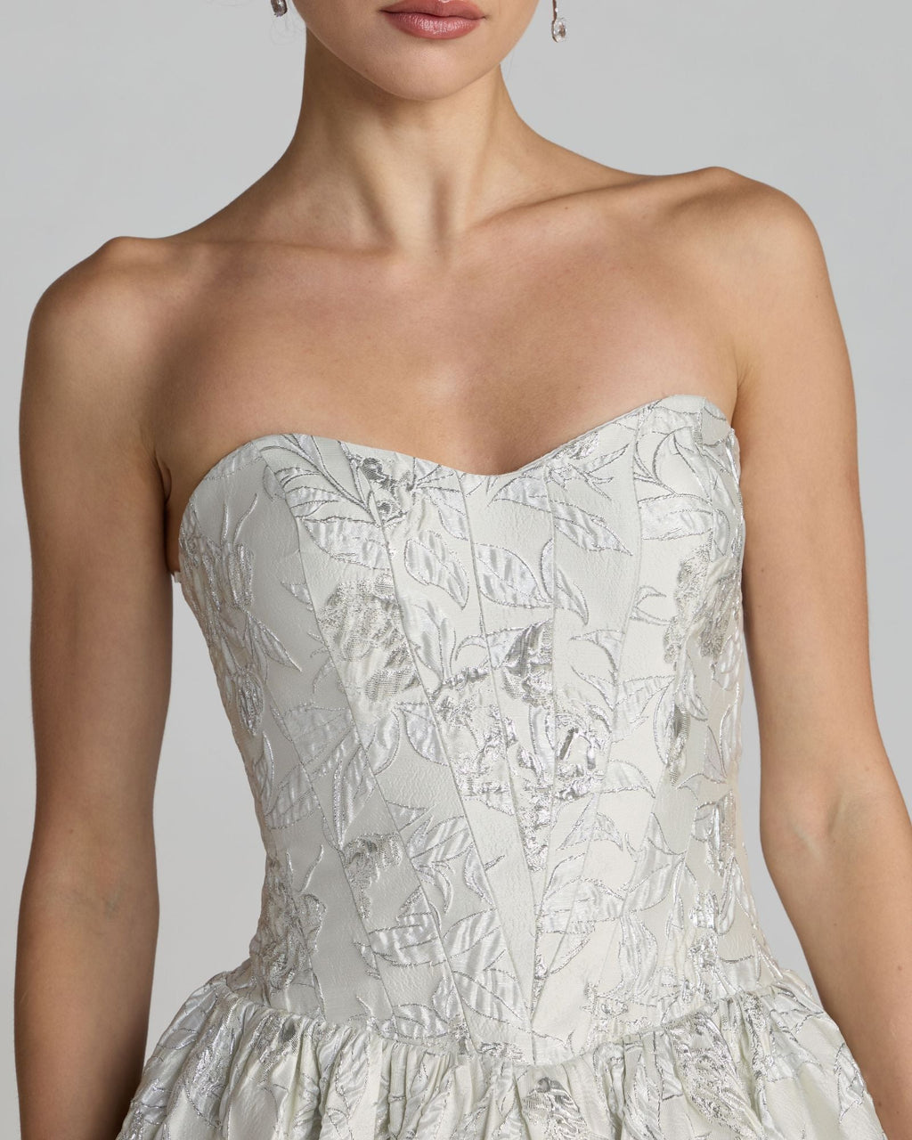 Ivory Strapless Brocade Tea Length Dress Designer Collection
