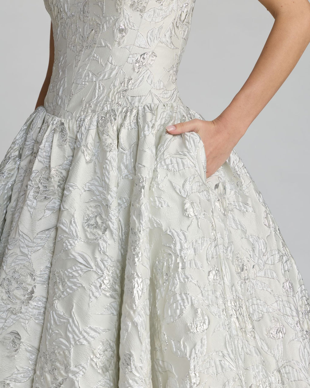 Ivory Strapless Brocade Tea Length Dress Designer Collection
