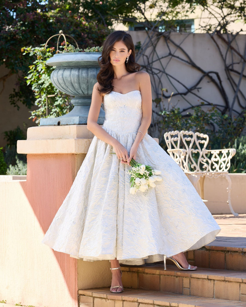 Ivory Strapless Brocade Tea Length Dress Designer Collection