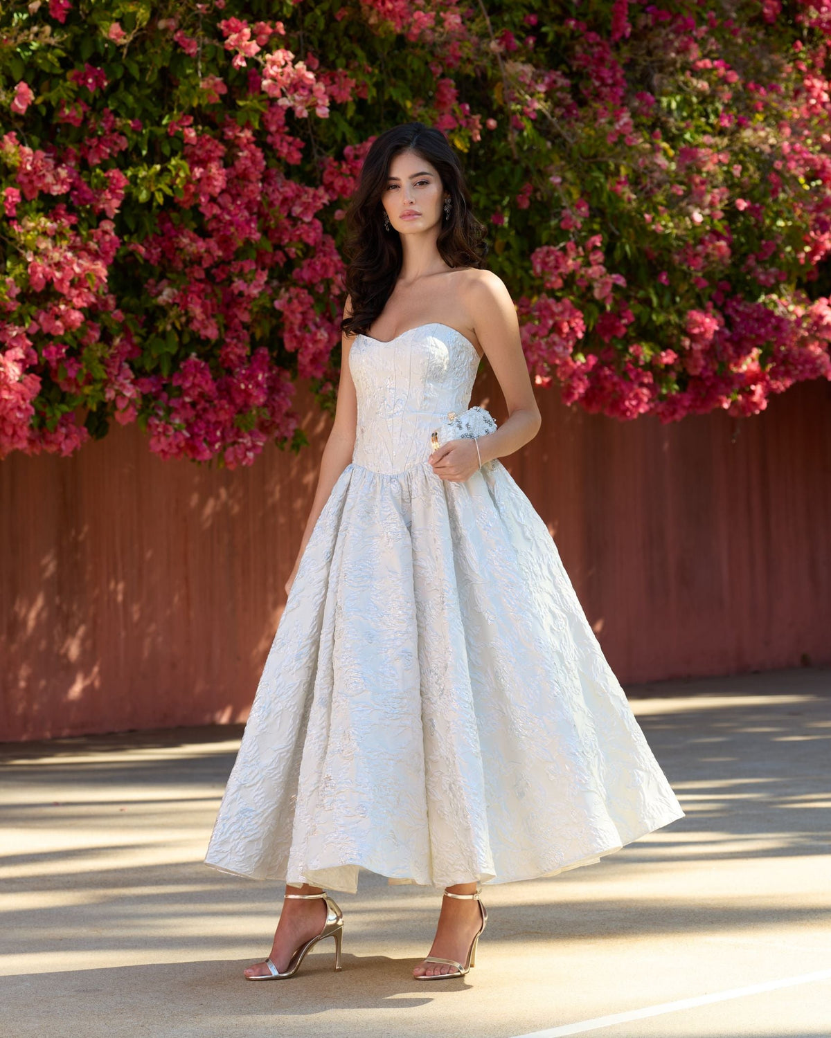 Ivory Strapless Brocade Tea Length Dress Designer Collection
