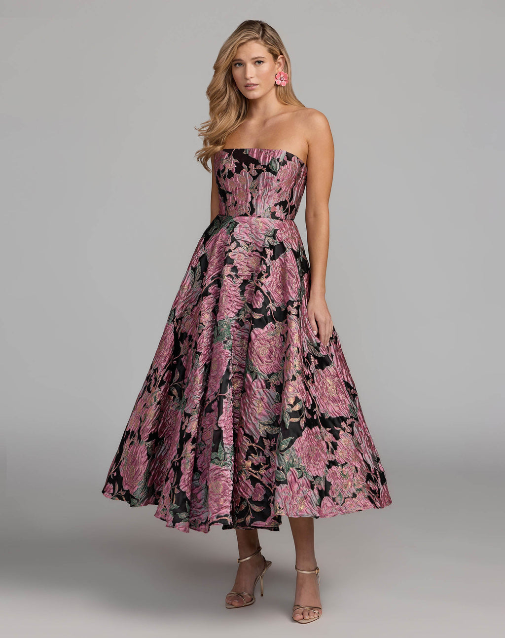 Pink And Black Strapless Brocade Midi Dress With Pockets Designer Collection