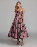 Pink And Black Strapless Brocade Midi Dress With Pockets Designer Collection