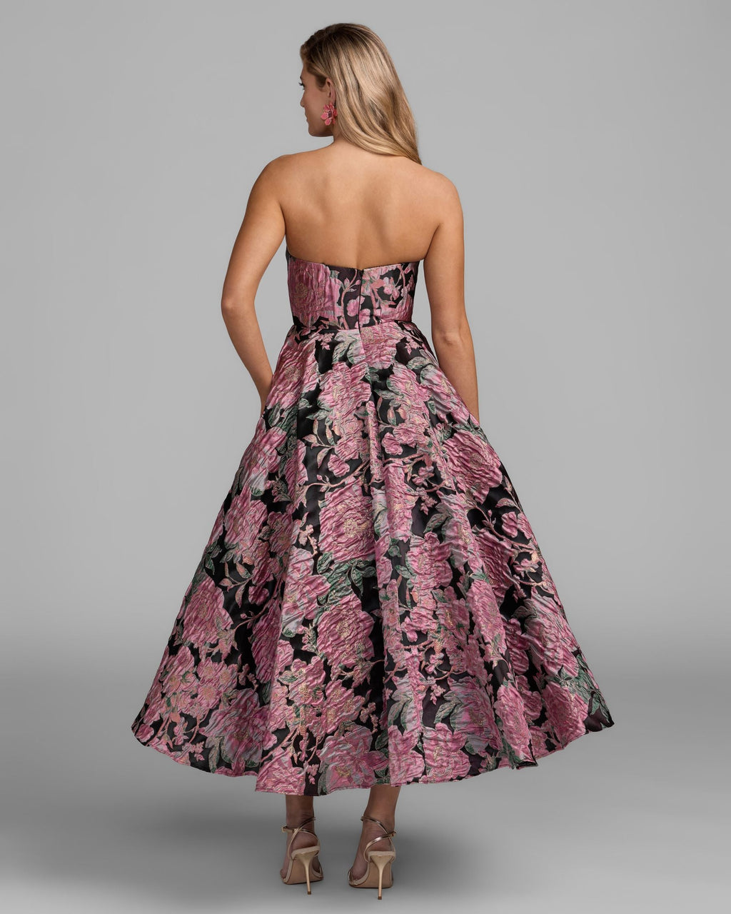 Pink And Black Strapless Brocade Midi Dress With Pockets Designer Collection