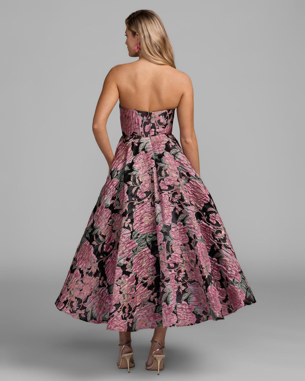 Pink And Black Strapless Brocade Midi Dress With Pockets Designer Collection