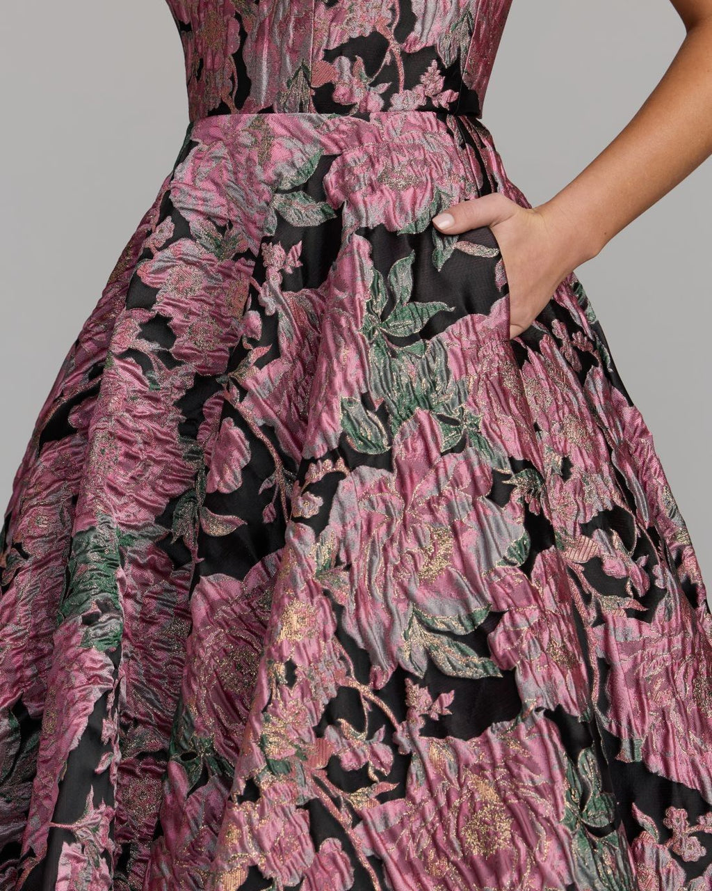 Pink And Black Strapless Brocade Midi Dress With Pockets Designer Collection