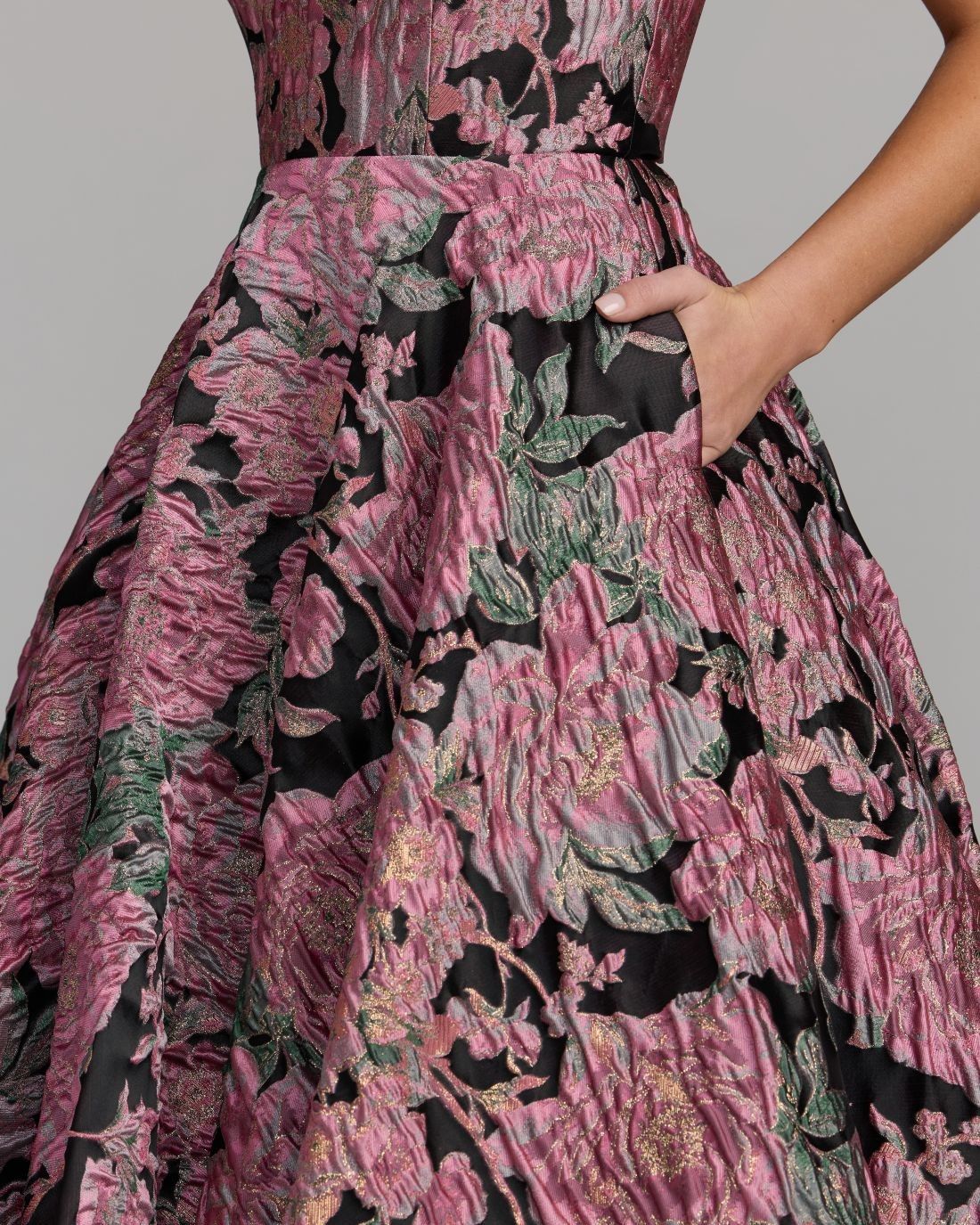 Pink And Black Strapless Brocade Midi Dress With Pockets Designer Collection