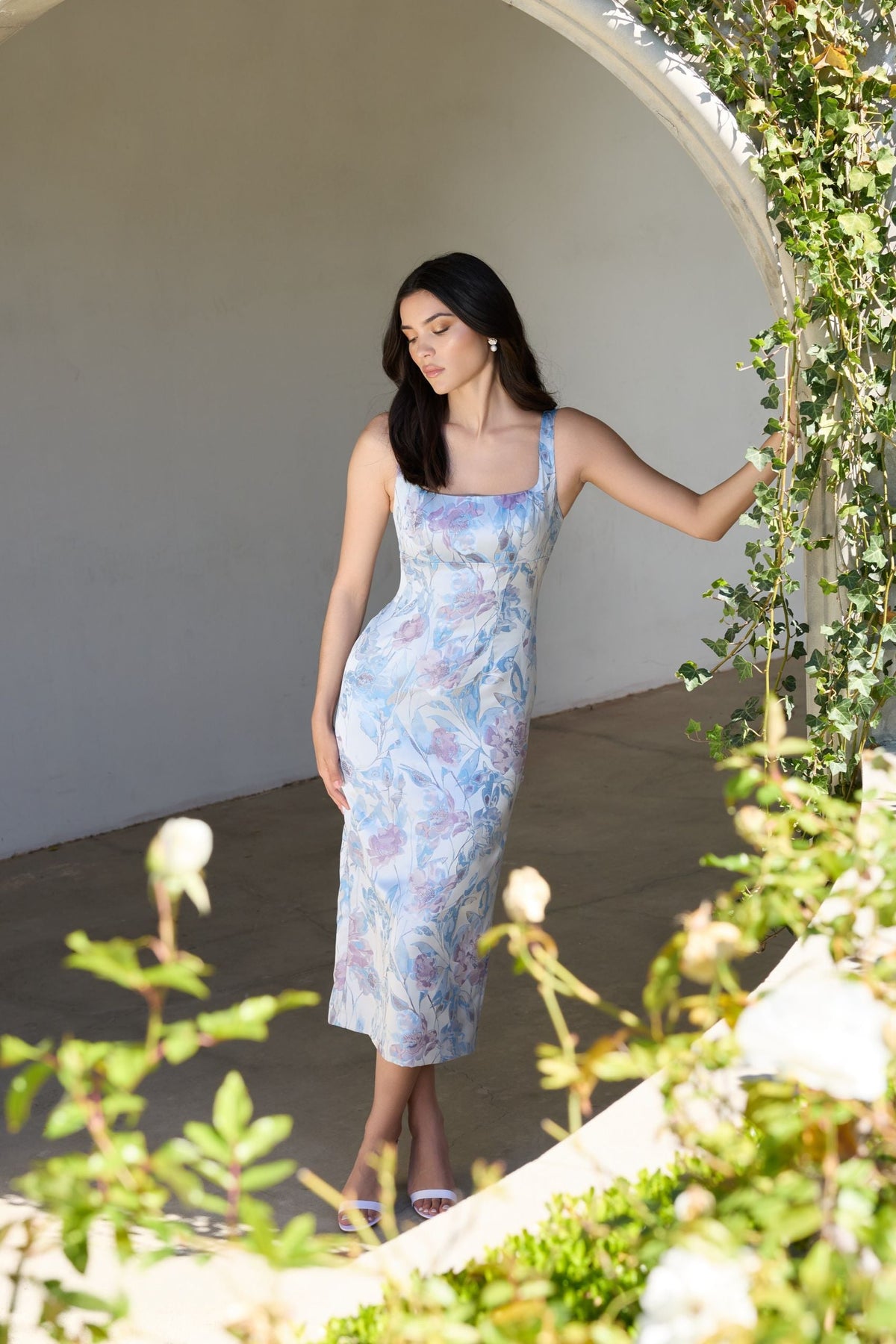 Blue Floral Square Neck Midi Dress Designer Collection